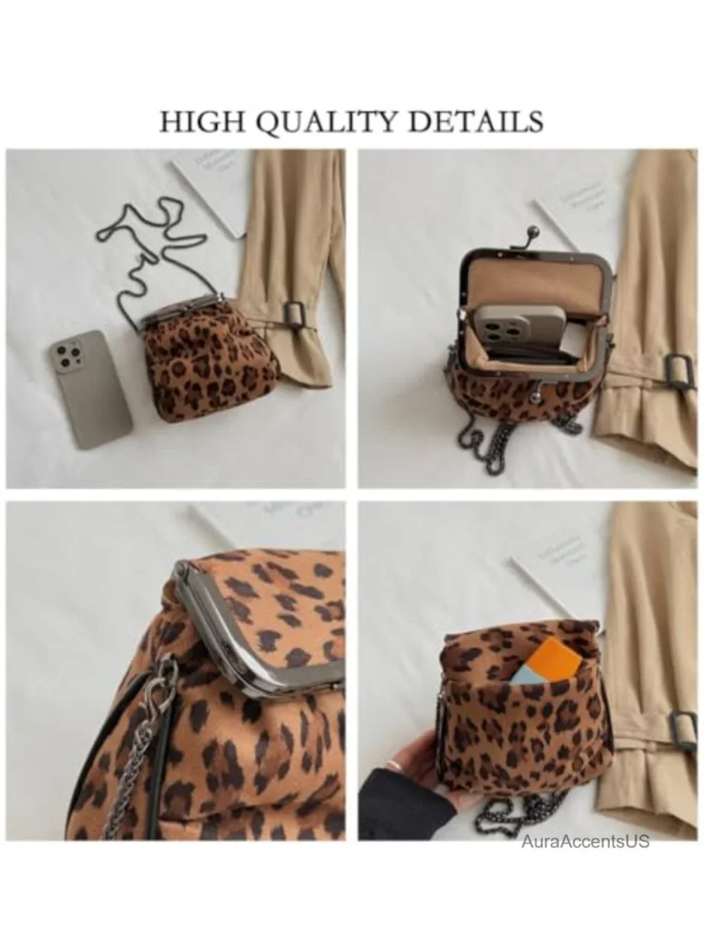Leopard Print Faux Suede Satchel Crossbody Bag with Kiss Lock and Chain